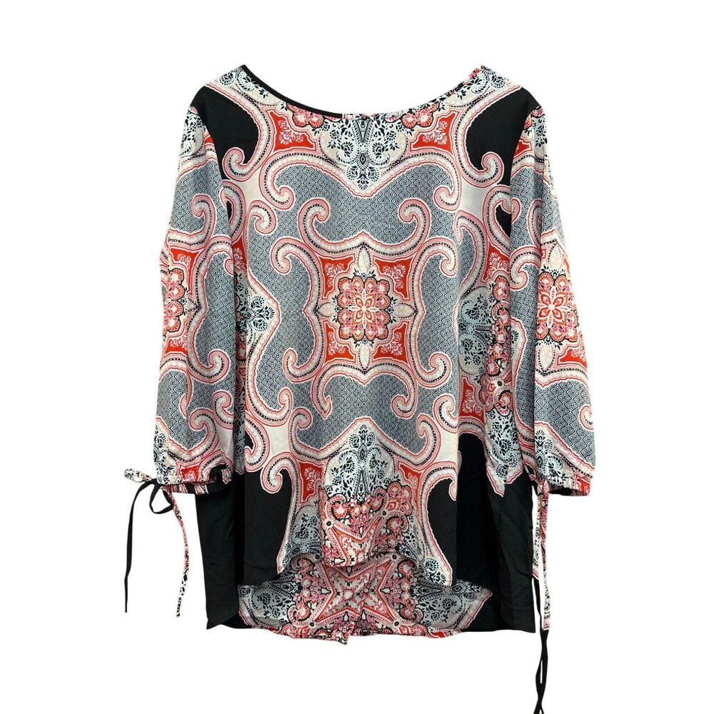 New York & Company Womens XL Top Paisley Print Black Red Tunic 3/4 Sleeve Polyes